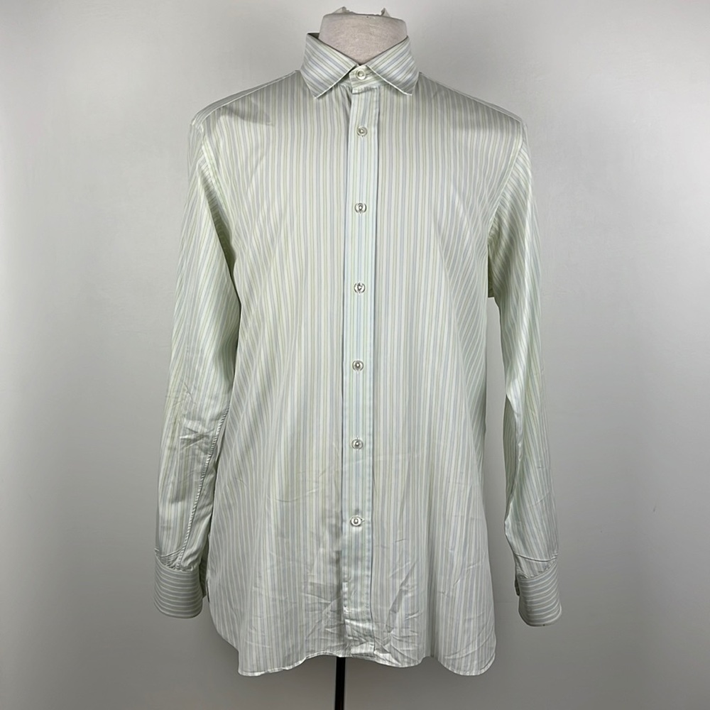 Seize our vingt, Men’s green striped button down shirt, size 16.5